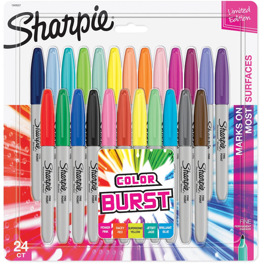 Sharpie Permanent Marker Pens Fine Point, Colour Burst 24 Pack Each