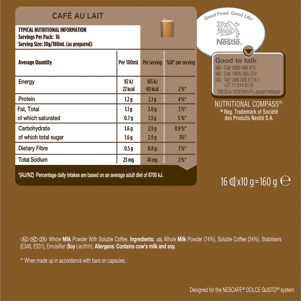 Nescafe Dolce Gusto Cafe Au Lait Coffee Pods 16 Pack