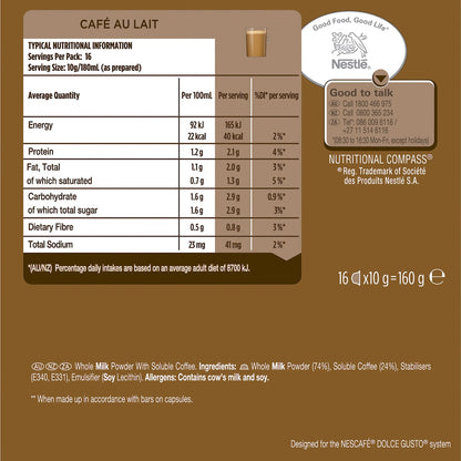 Nescafe Dolce Gusto Cafe Au Lait Coffee Pods 16 Pack