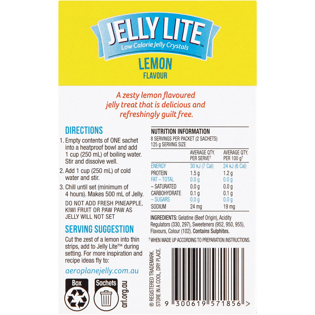 Aeroplane Jelly Lite Lemon Flavour Low Calorie Jelly Crystals 2x9g