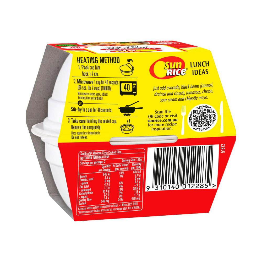 Sunrice Microwave Mexican Style Flavoured Rice Cups 2 X 125g