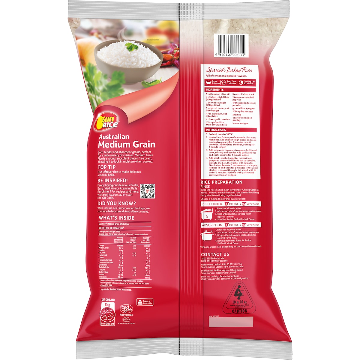 Sunrice White Rice Calrose Medium Grain 10kg
