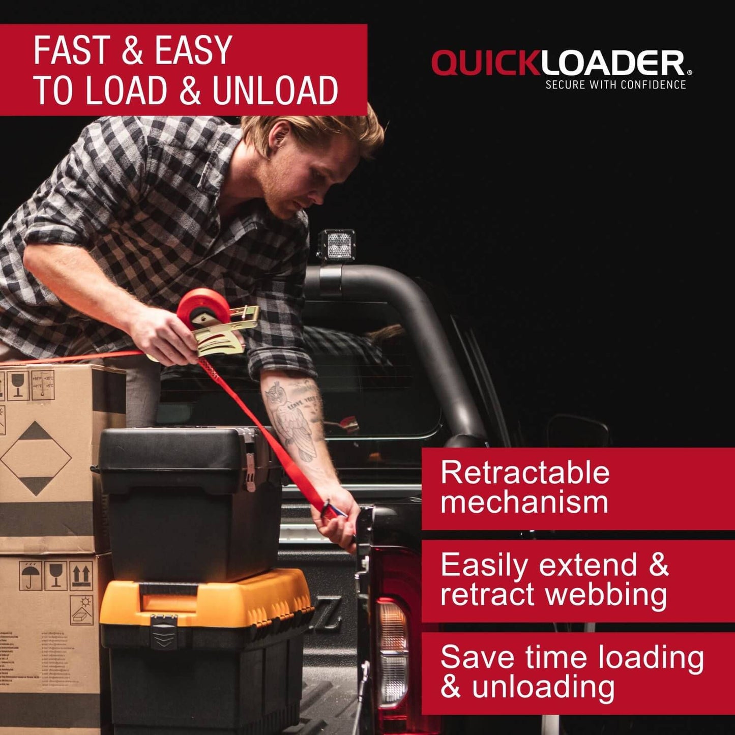 Quickloader Retractable Ratchet Strap Tie Down - 4.5m x 25mm - 600kg - 2 Pack