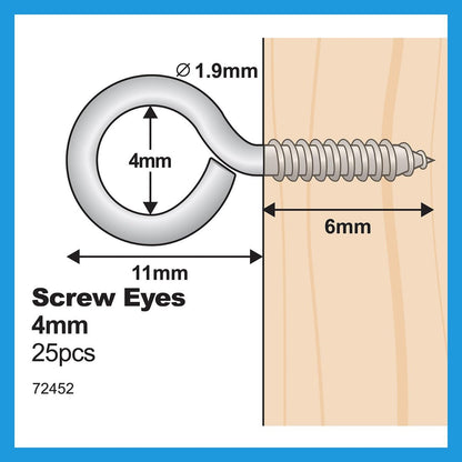 Everhang Screw Eyes - 4mm - Steel - Light Duty - 25 Pack