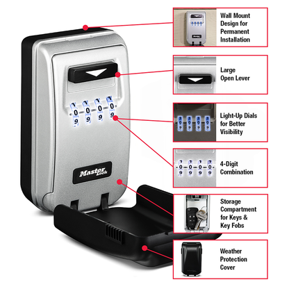 Master Lock Wall Mounted Key Safe - Light Up - 72mm Steel - Durable