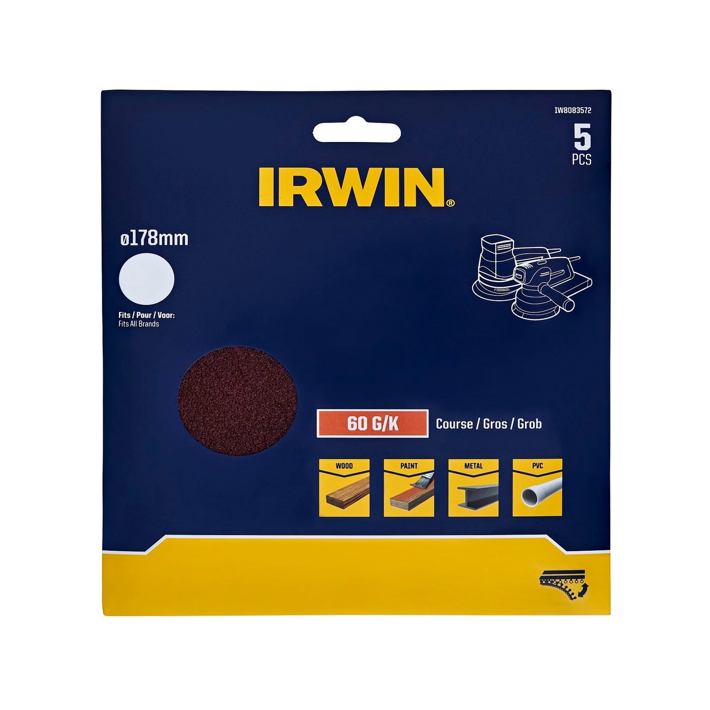 Irwin Quick Fit Random Orbital Sanding Discs - 178mm - 60 Grit - 5 Pack