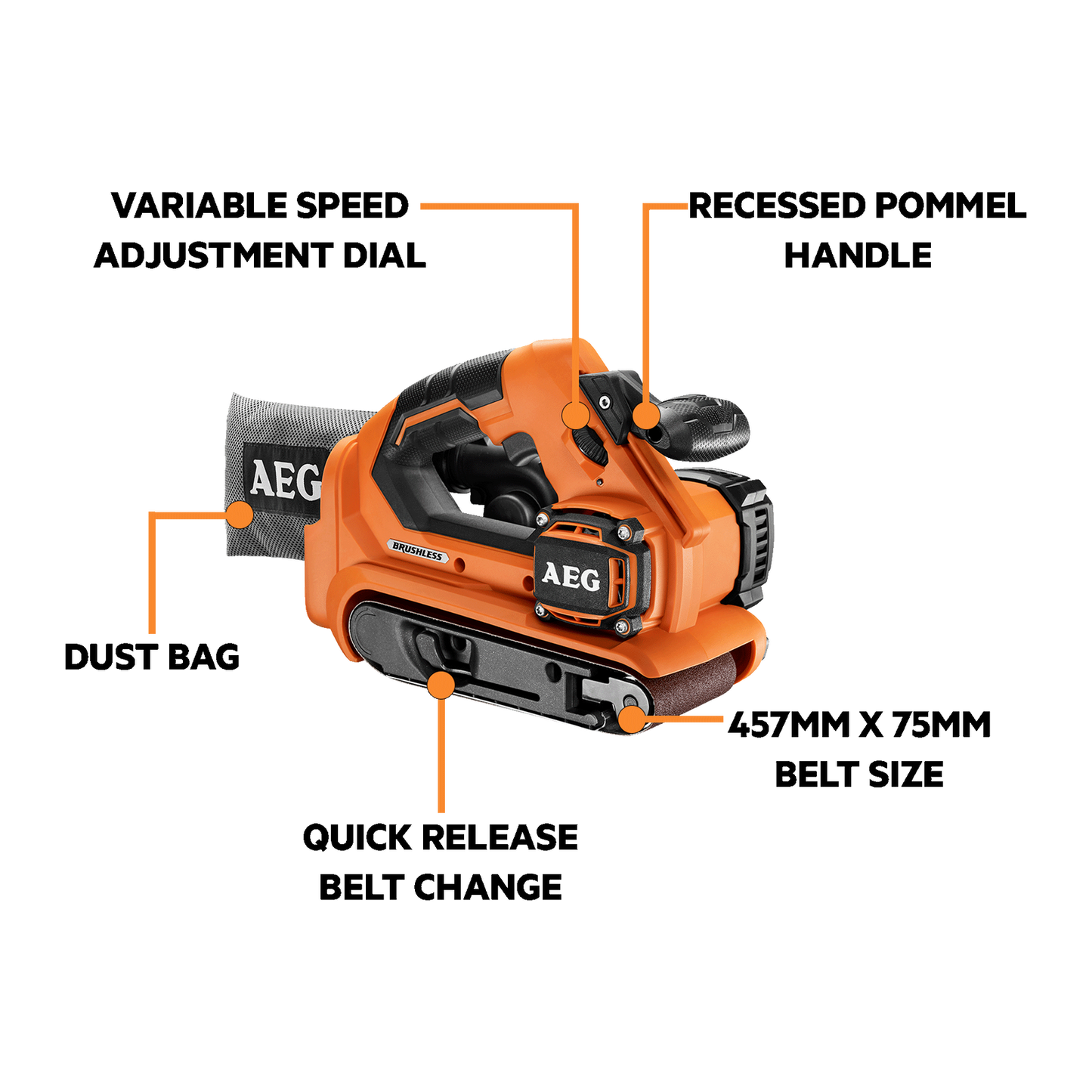AEG Brushless Belt Sander - 18V - 75mm - Skin Only
