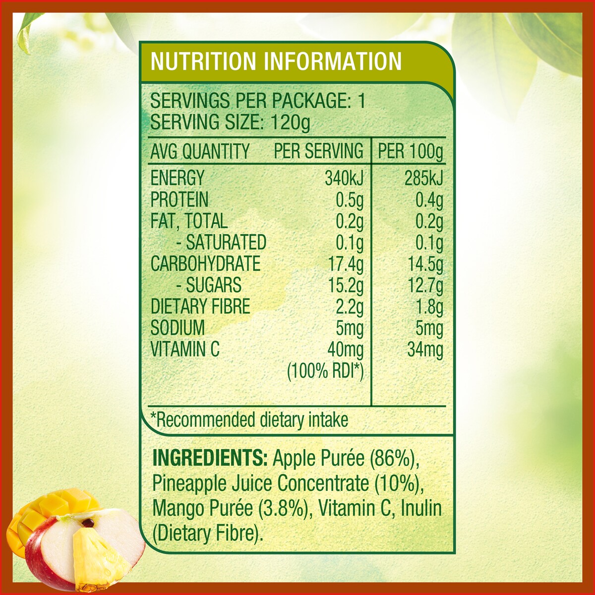 Golden Circle Blended Fruit Puree Mango & Pineapple Lunch Box Pouch 120g
