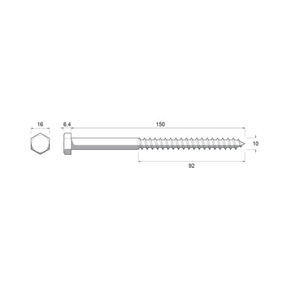Zenith Hex Head Coach Screws - M10 x 150mm - Stainless Steel 304