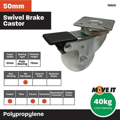 Move It 50mm Polypropylene Swivel Plate Castor with Brake Durable