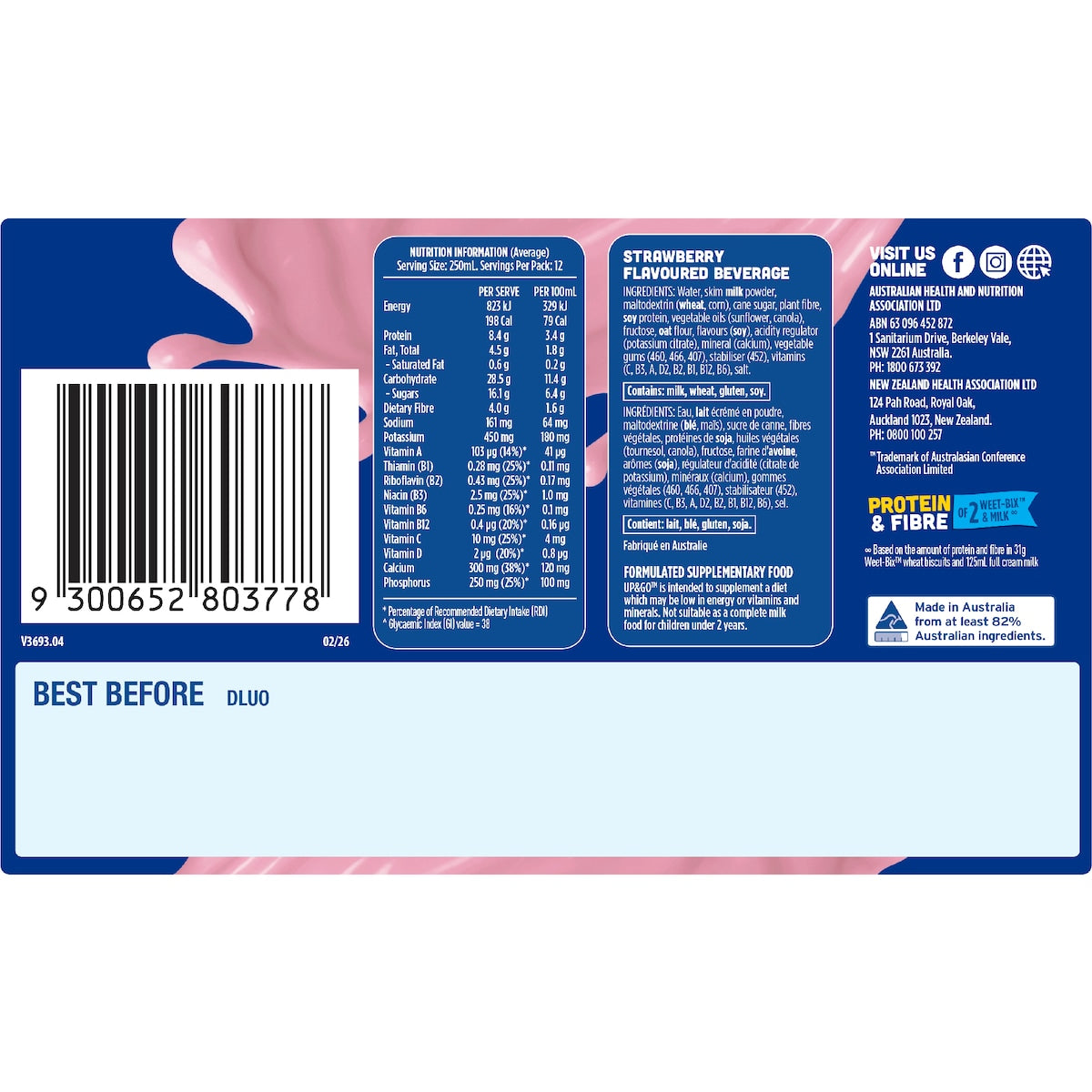 Up&go Liquid Breakfast Strawberry 250ml X 12 Pack