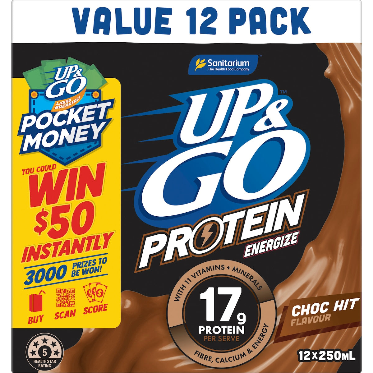 Up&go Protein Energize Liquid Breakfast Choc 250ml X 12 Pack
