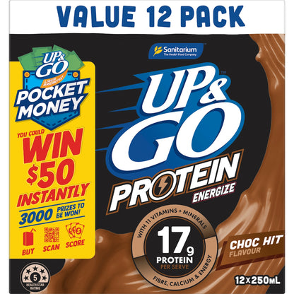 Up&go Protein Energize Liquid Breakfast Choc 250ml X 12 Pack