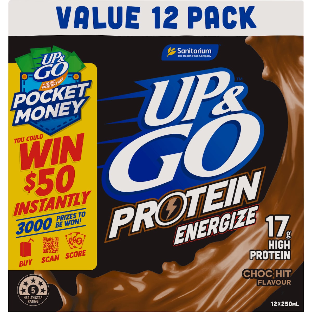 Up&go Protein Energize Liquid Breakfast Choc 250ml X 12 Pack