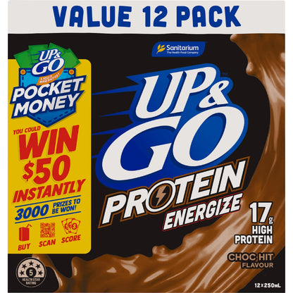 Up&go Protein Energize Liquid Breakfast Choc 250ml X 12 Pack