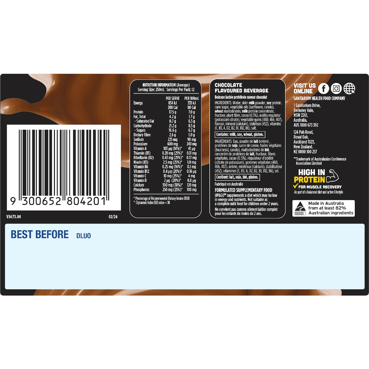 Up&go Protein Energize Liquid Breakfast Choc 250ml X 12 Pack