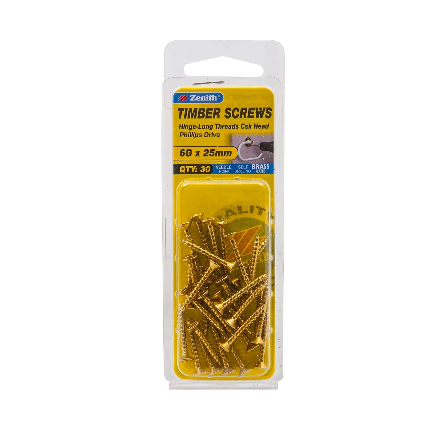 Zenith Timber Screws - 6g x 25mm - Brass - 30 Pack