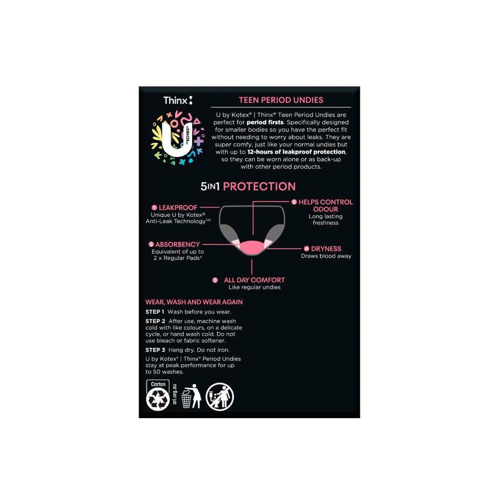 U By Kotex Period Undies Teen Heavy Black Size 10-12 - 1 pack