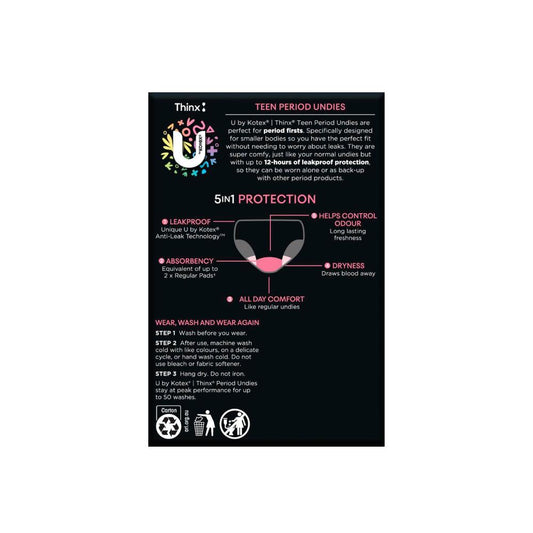 U By Kotex Period Undies Teen Heavy Black Size 10-12 - 1 pack