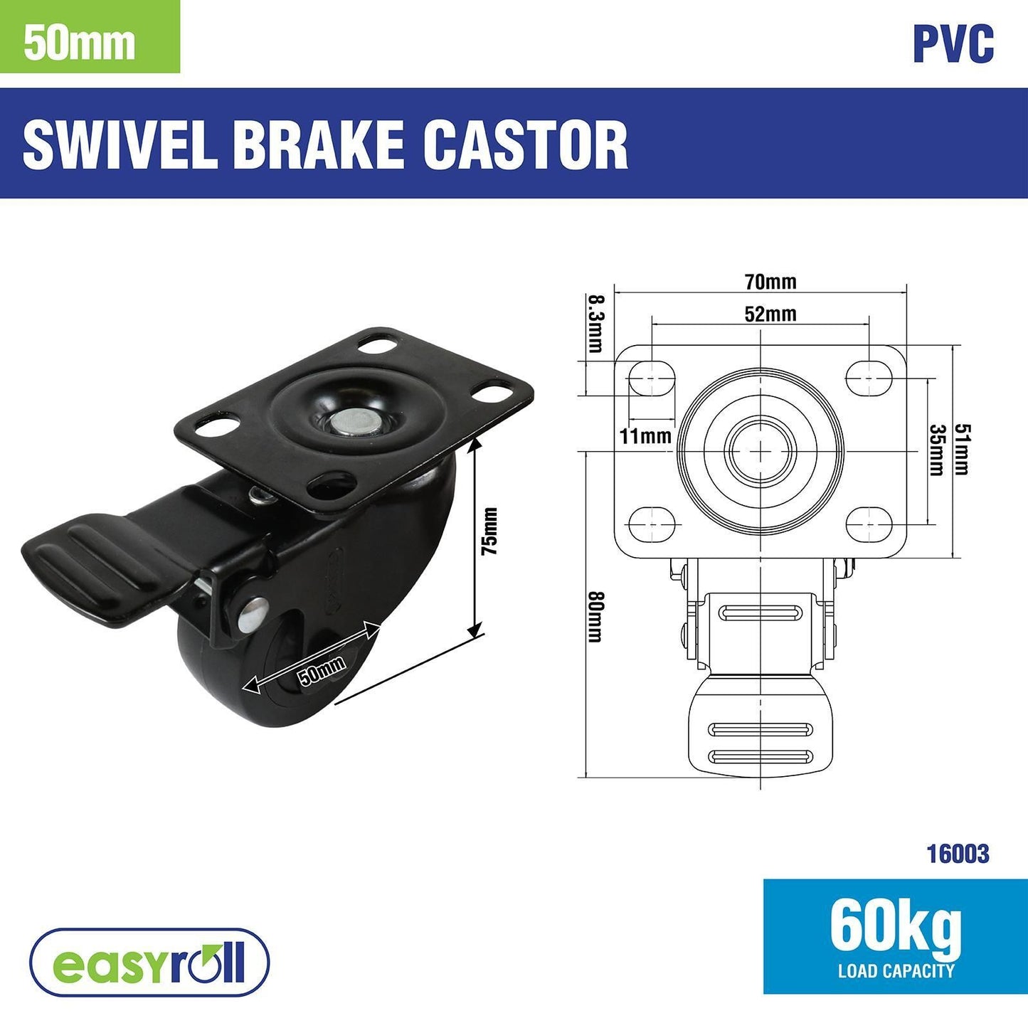 Easyroll Swivel Castor with Brake - 50mm - Black PVC