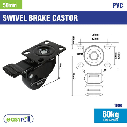 Easyroll Swivel Castor with Brake - 50mm - Black PVC