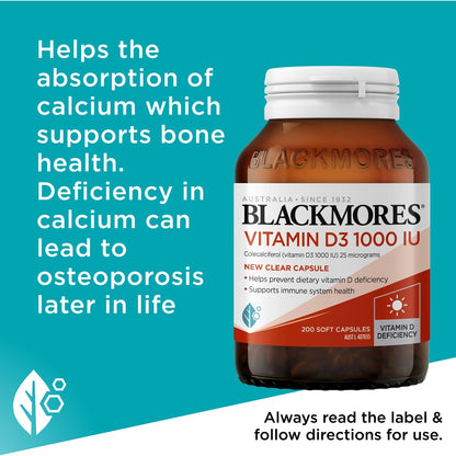 Blackmores Vitamin D3 1000IU Bone Health Immunity Capsules 200 pack