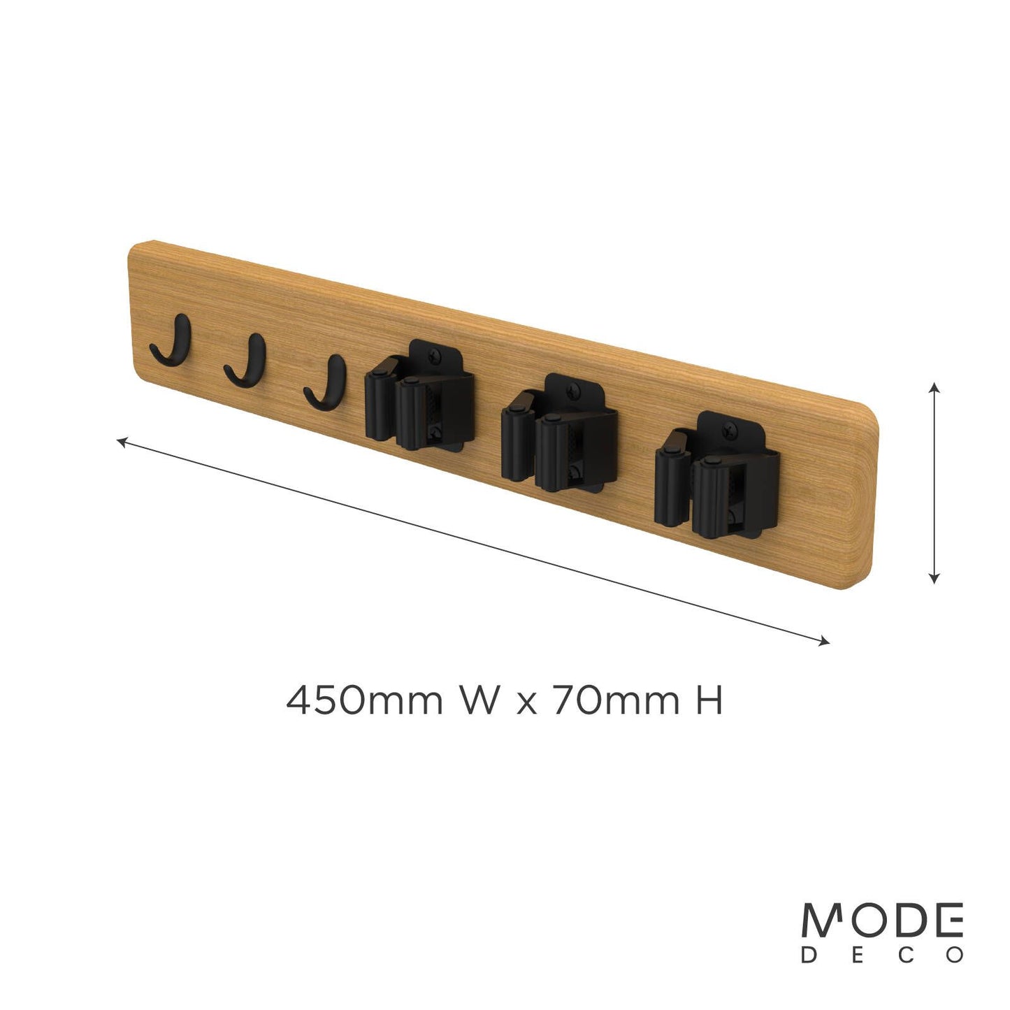 Mode Bamboo Hook Rack - 3 Hooks & 3 Grips - 450 x 70mm - Black