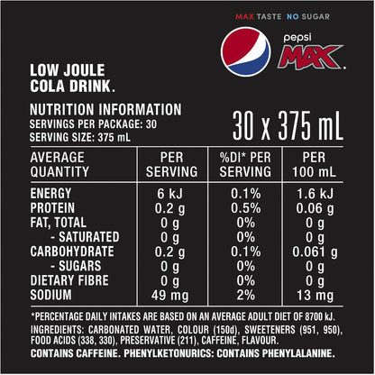 Pepsi Max No Sugar Soft Drink Cans 375ml X 30 Pack