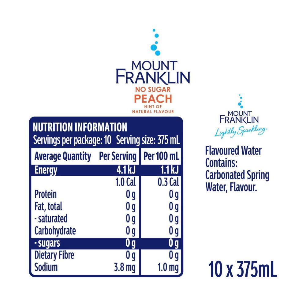 Mount Franklin Lightly Sparkling Water Peach Multipack Cans 375ml - 10 Pack