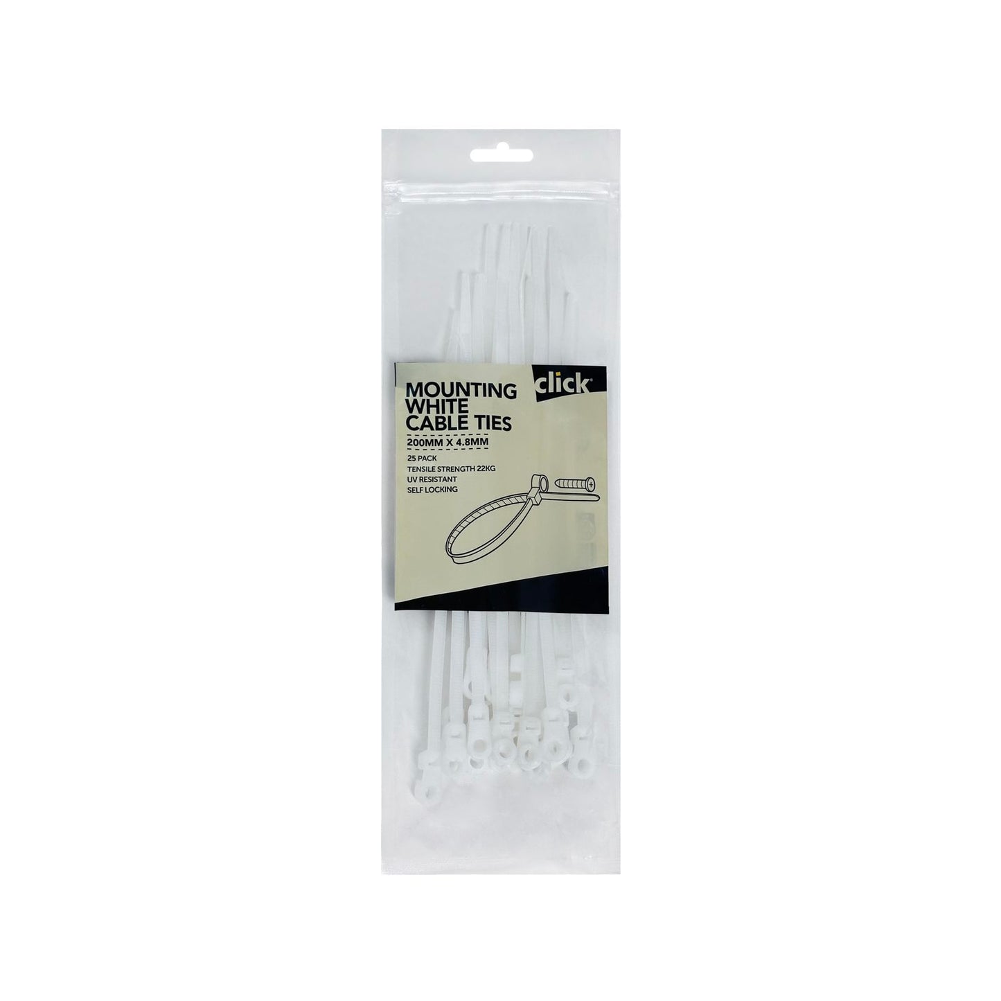 Click Mounting Cable Tie - 200mm - 25 Pack - White
