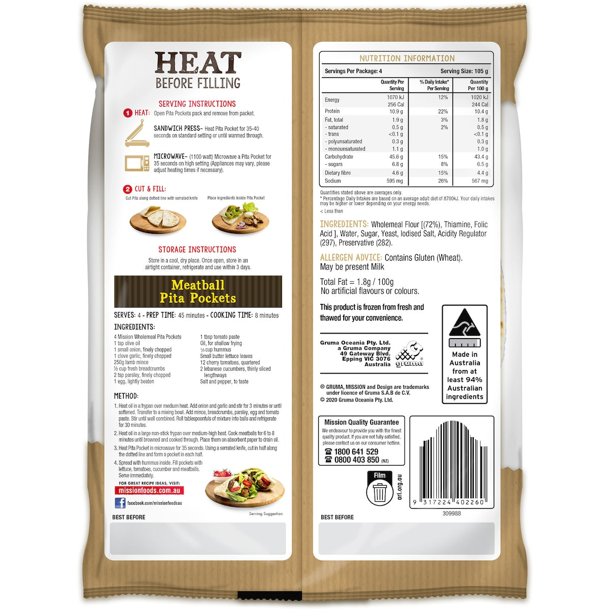 Mission Pita Bread Pockets Wholemeal 420g