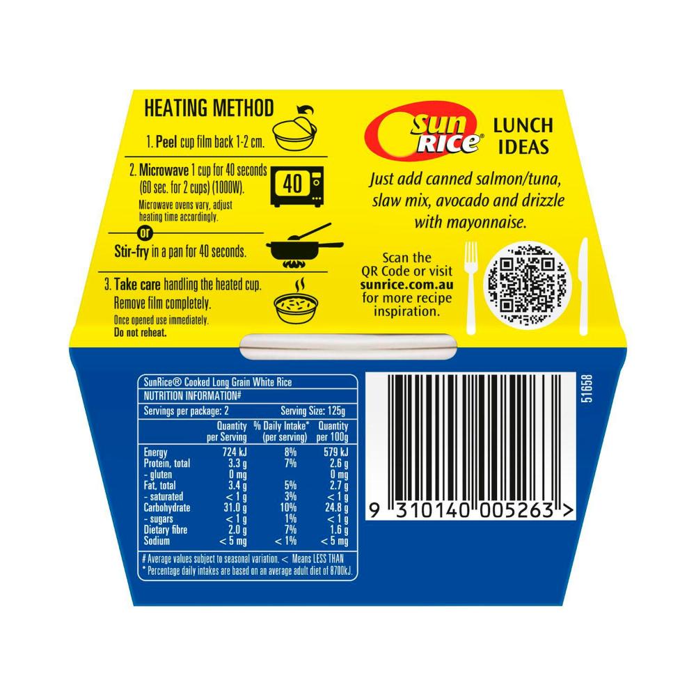 Sunrice Microwave Long Grain White Rice Cup 2x125g