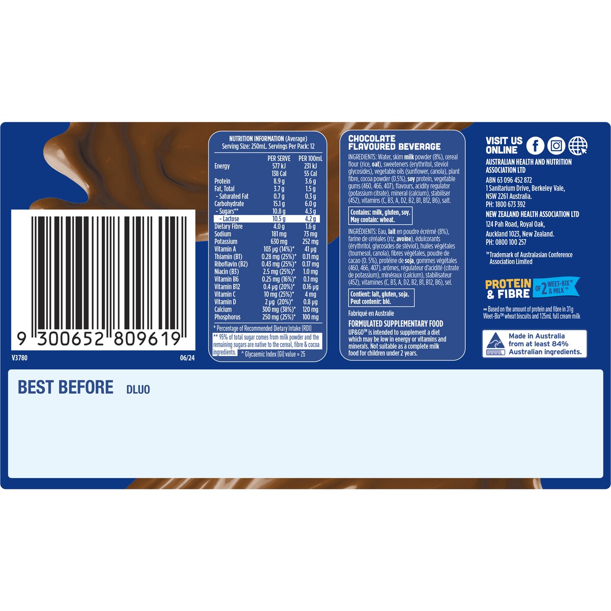 Sanitarium Up&Go Liquid Breakfast No Added Sugar Choc Ice 250ml x12 Pack