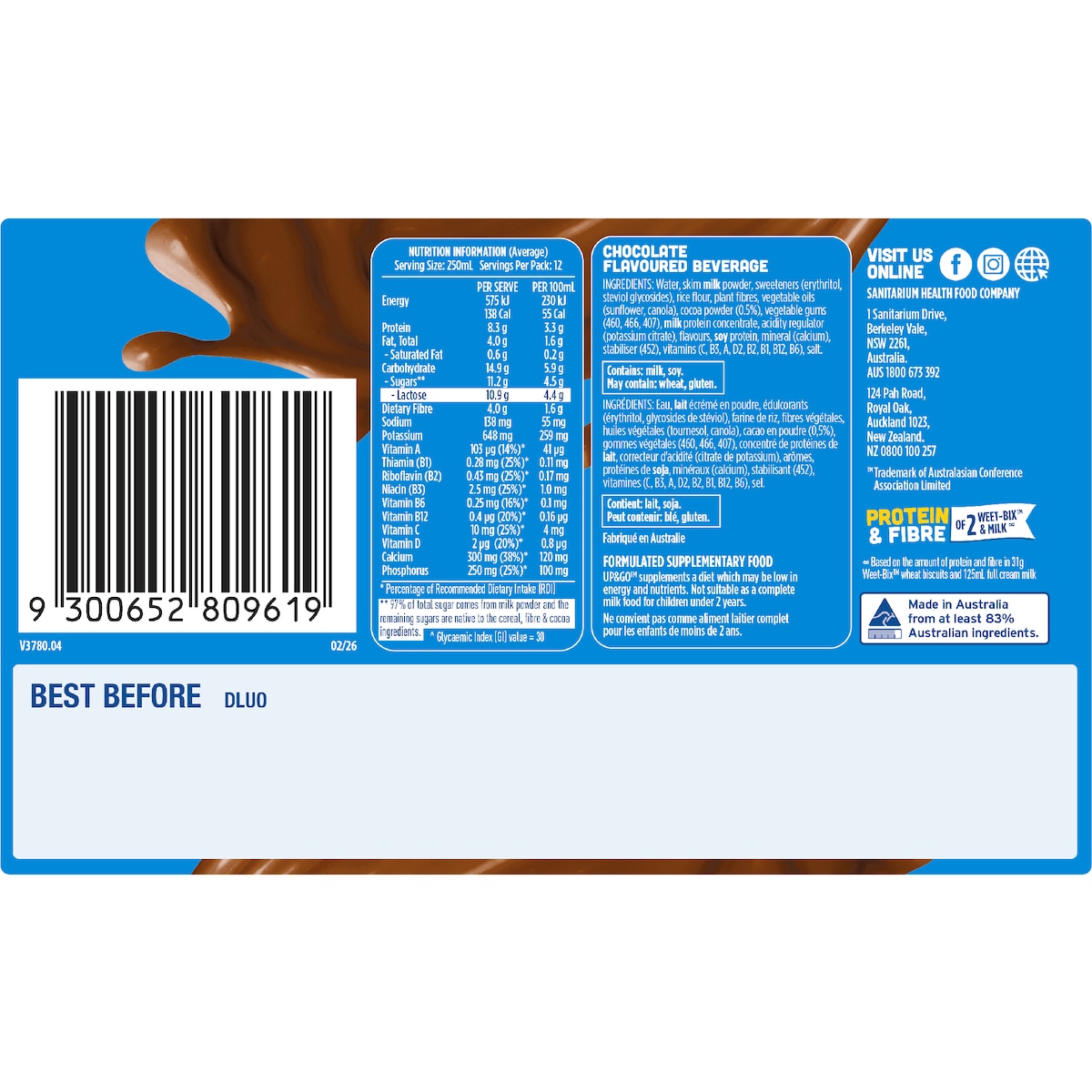 Up&go Liquid Breakfast No Added Sugar Choc Ice 250ml X 12 Pack