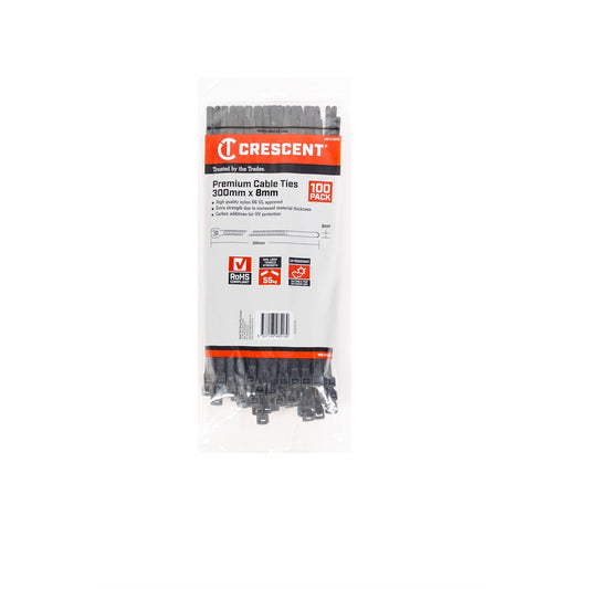 Crescent Black Heavy Duty Cable Ties - 300 x 8mm - 100 Pack