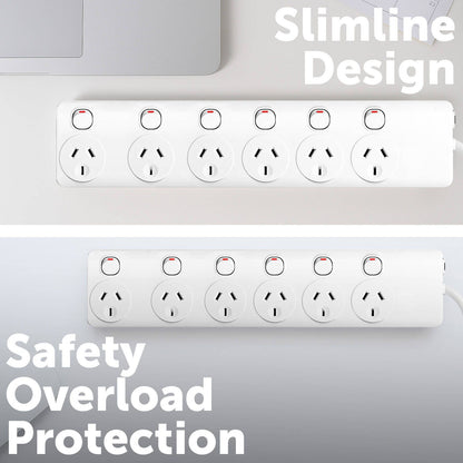 Arlec White Powerboard - 6 Outlet - 1.8m