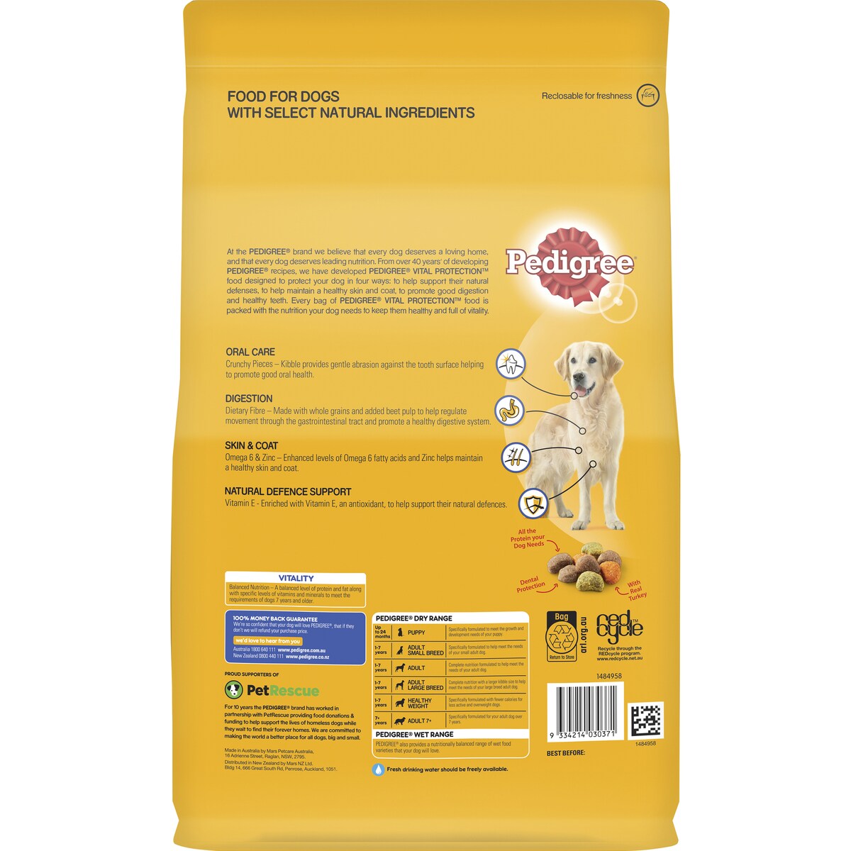 Pedigree Adult 7+ Years With Real Turkey Dry Dog Food 3kg