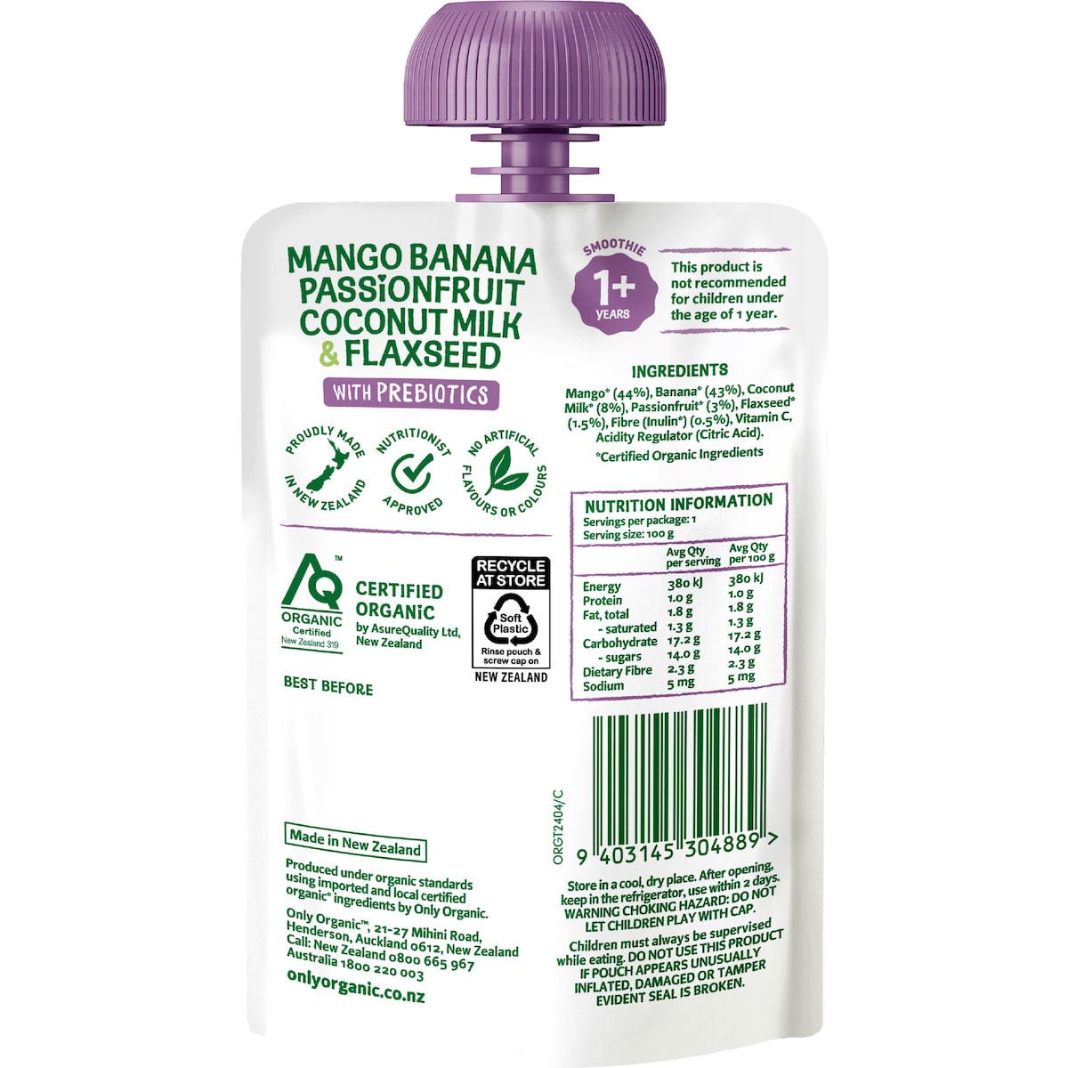 Only Organic Mango Banana Passion Coconut & Flaxseed 100g