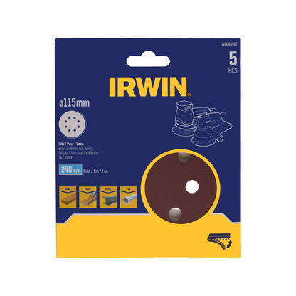 Irwin Quick Fit Random Orbital Sanding Discs - 115mm - 240 Grit - 5 Pack