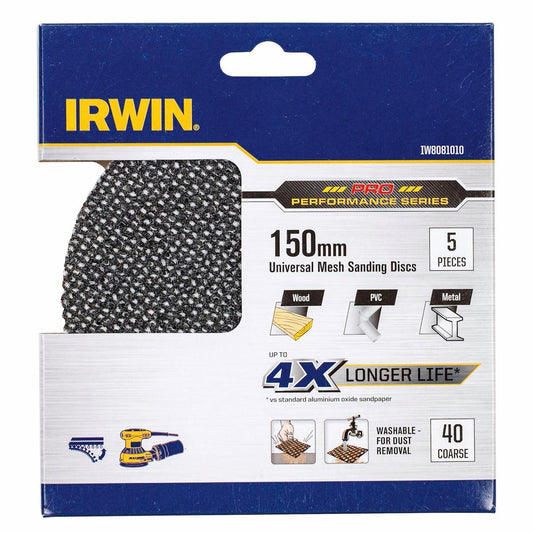 Irwin 150mm Universal Mesh Sanding Discs Coarse 40 Grit - 5 Pack