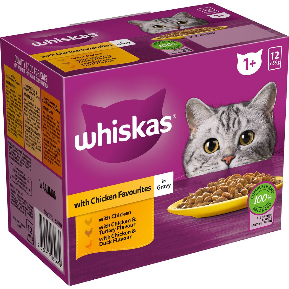 Whiskas 1+ Years Wet Cat Food Chicken In Gravy Pouch 85g X 12 Pack