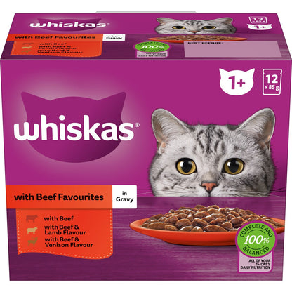 Whiskas 1+ Years Wet Cat Food Favourites Beef In Gravy Pouch 85g X12 Pack