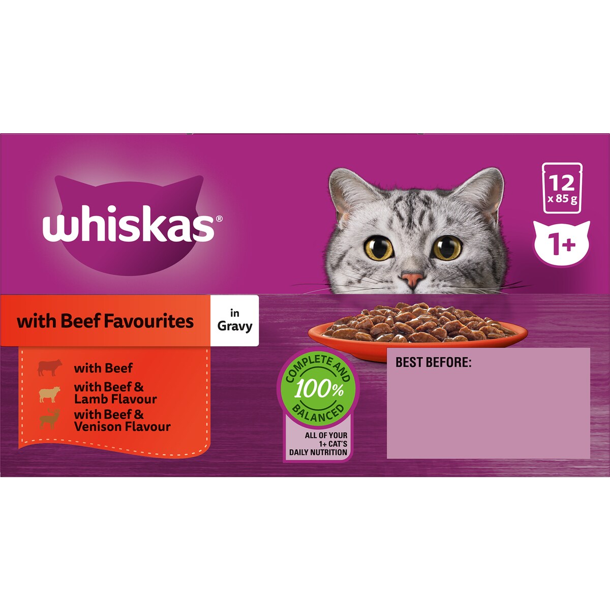Whiskas 1+ Years Wet Cat Food Favourites Beef In Gravy Pouch 85g X12 Pack
