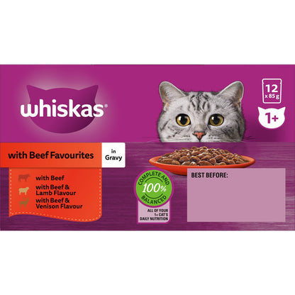 Whiskas 1+ Years Wet Cat Food Favourites Beef In Gravy Pouch 85g X12 Pack