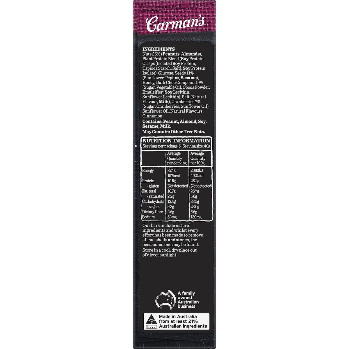 Carmans Protein Bars Dark Choc & Cranberry 5 pack