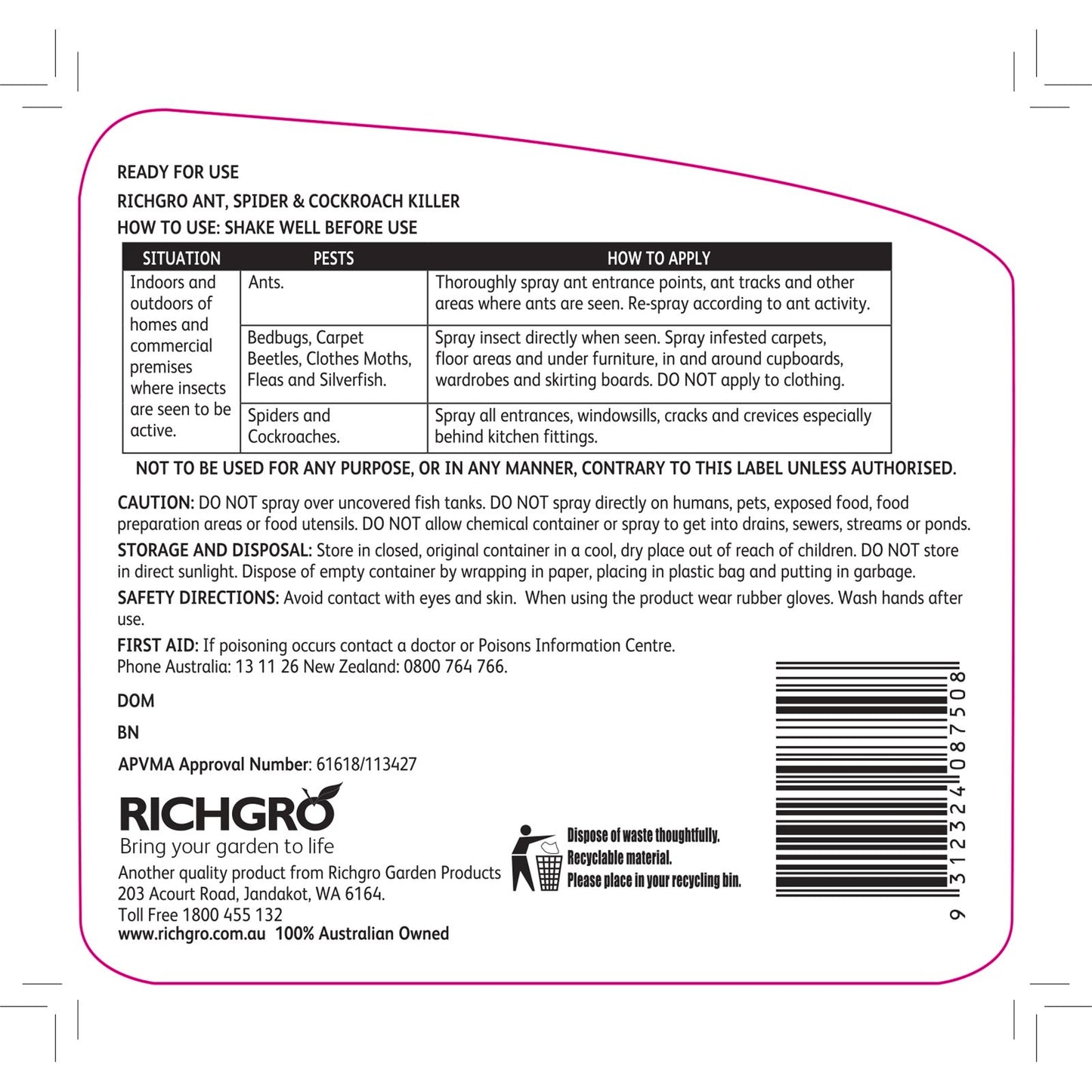 Richgro Ant Spider Cockroach Killer 1L
