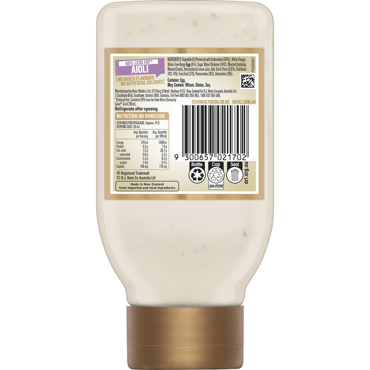 Heinz Mayo Seriously Good Mayonnaise Lite Garlic Aioli 295ml
