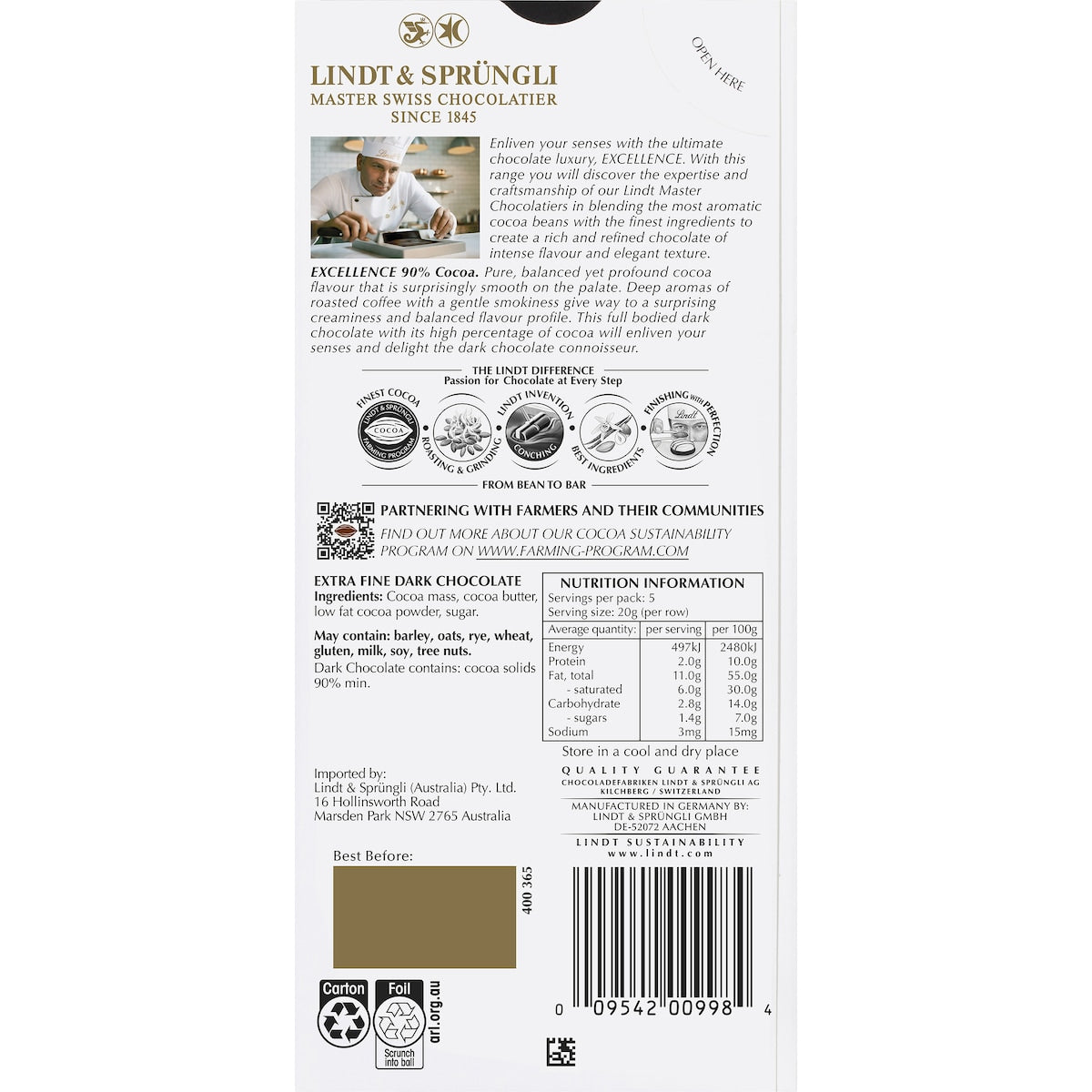 Lindt Excellence 90% Cocoa Dark Chocolate Block 100g