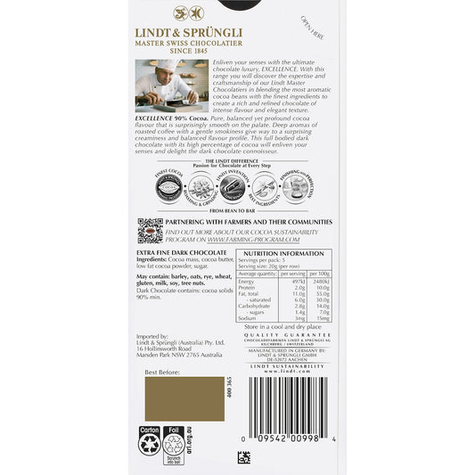 Lindt Excellence 90% Cocoa Dark Chocolate Block 100g