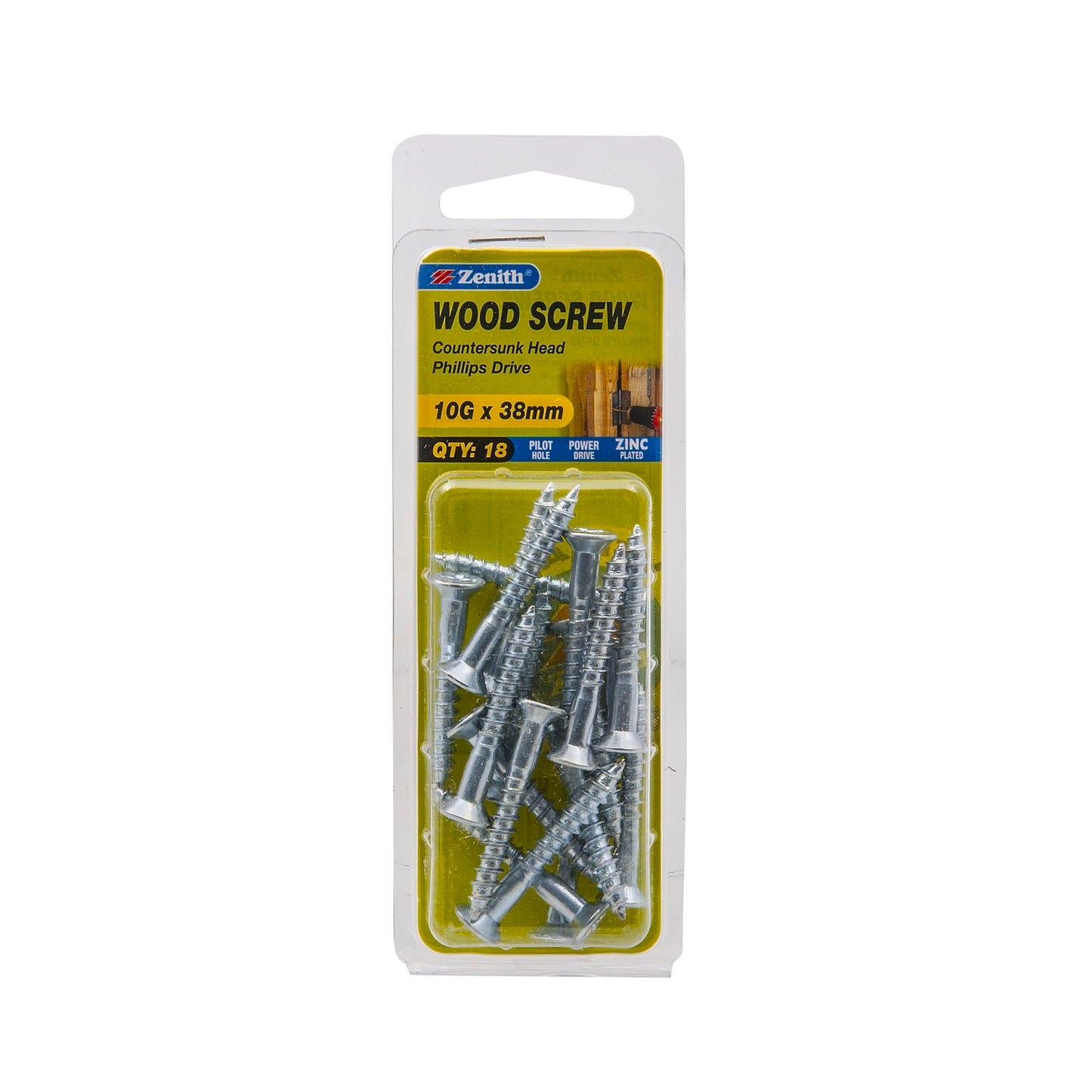 Zenith Countersunk Head Wood Screws - 10g x 38mm - 18 Pack